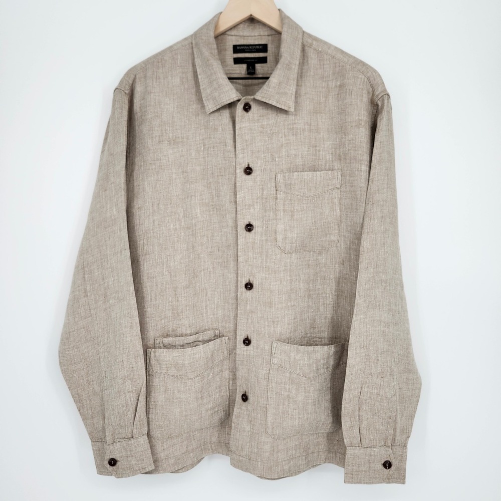Banana Republic Mens Gaston Linen Utility Shirt Size L Tan Chore Patch Pockets